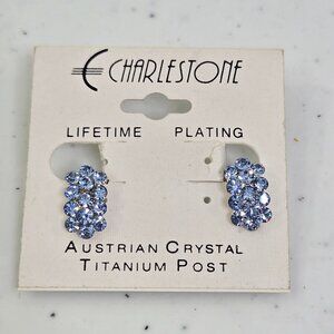 Vintage Charlestone Clip On‎ Earrings Silver Tone Blue Crystal Titanium Post